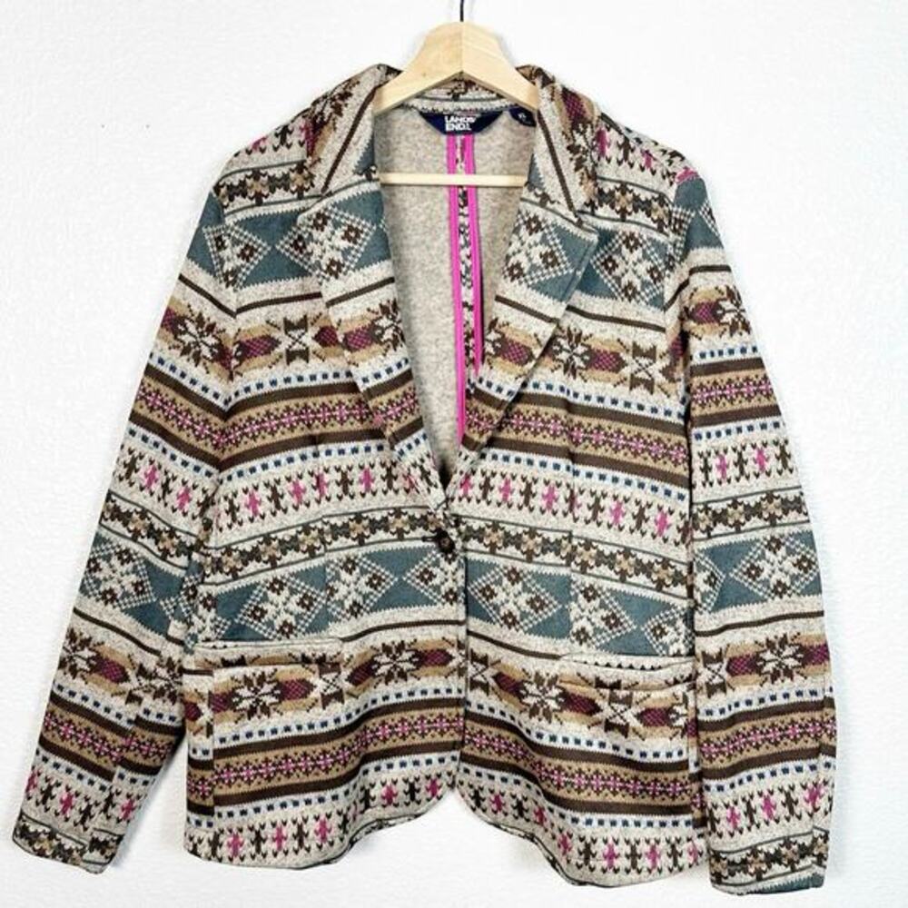 Lands End Womens Sweater Fleece Knit Blazer Jacket Southwestern Print Size XL/18